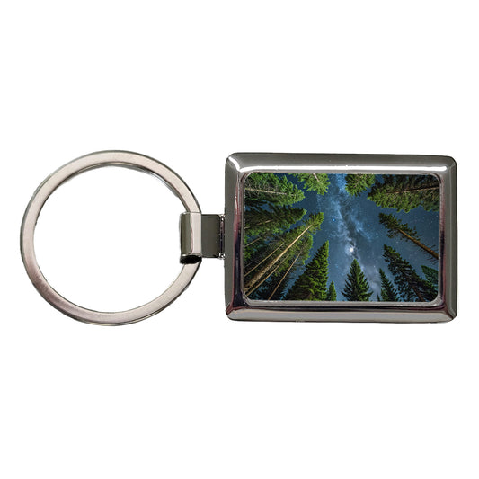Pine Trees Looking Up Star Packed Sky Rectangle Metal Keychain