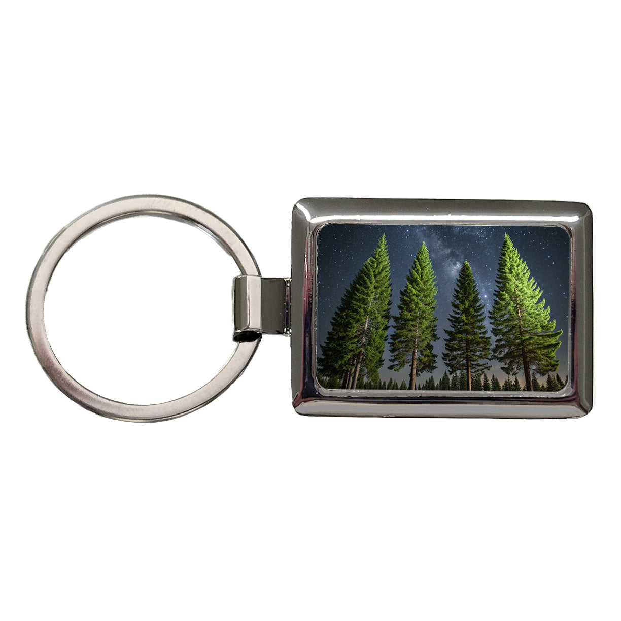 Pine Trees Star Packed Sky Rectangle Metal Keychain