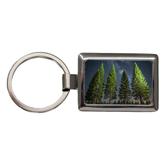 Pine Trees Star Packed Sky Rectangle Metal Keychain