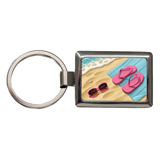 Pink Sunglasses Flip Flops Towel On Sand Beach Rectangle Metal Keychain