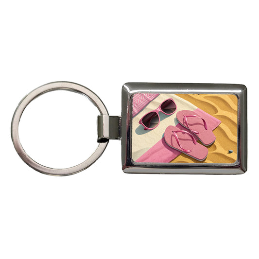 Pink Sunglasses Flip Flops Towel On Sand Cute Rectangle Metal Keychain