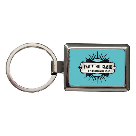 Pray Without Ceasing Bible Verse Blue Rectangle Metal Keychain
