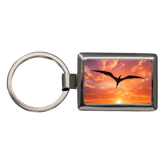 Pterodactylus Sunset Flying Dinosaur Rectangle Metal Keychain
