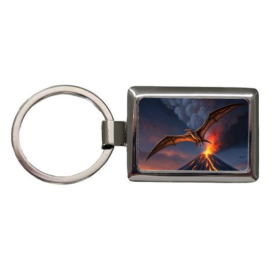 Pterodactylus Volcano Erupting Dinosaur Rectangle Metal Keychain