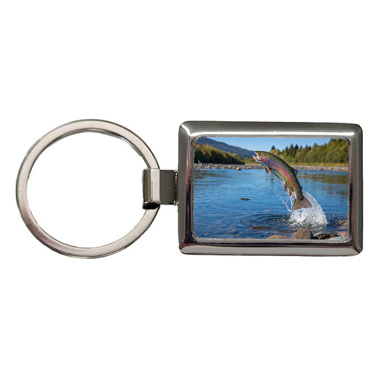 Rainbow Trout Fish Jumping Fishing Rectangle Metal Keychain