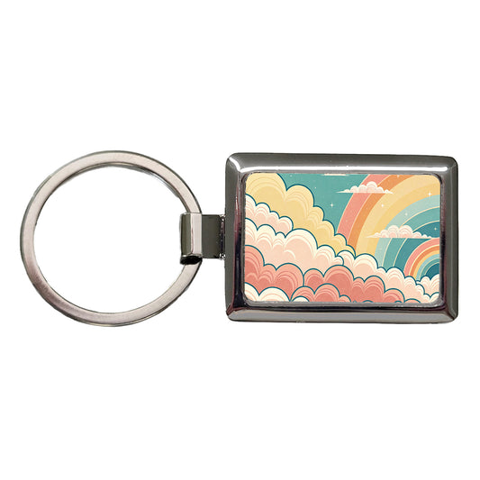 Repeating Puffy Clouds Retro Cute Rainbow Rectangle Metal Keychain