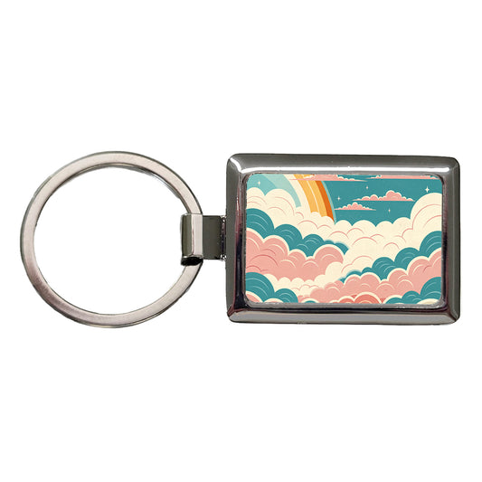 Repeating Puffy Clouds Retro Style Rectangle Metal Keychain