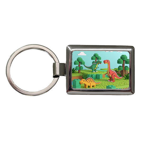 Retro 8 Bit Pixel Art Style Dinosaurs Roaming Rectangle Metal Keychain