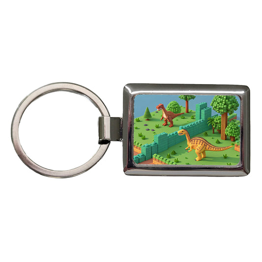 Retro 8 Bit Pixel Art Style Dinosaurs Rectangle Metal Keychain