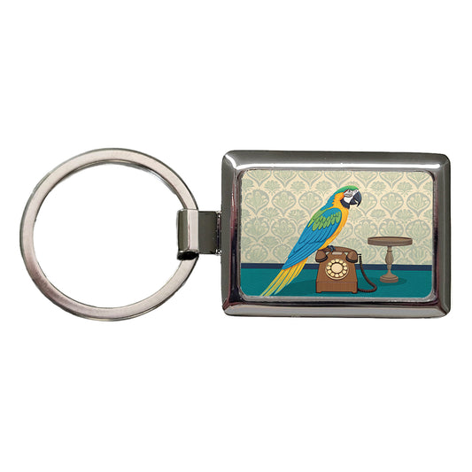 Retro Macaw Phone Bird Rectangle Metal Keychain