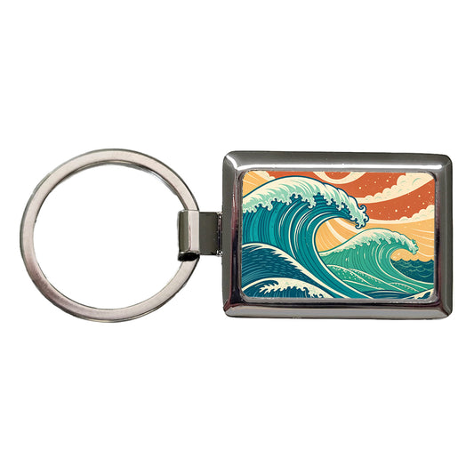 Retro Ocean Waves Colorful Drawing Rectangle Metal Keychain
