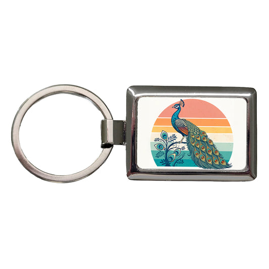Retro Peacock Sun Rectangle Metal Keychain