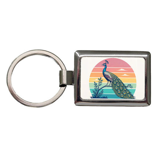 Retro Peacock Rectangle Metal Keychain