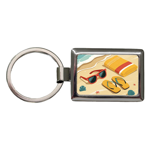 Retro Style Sunglasses Flip Flops Towel On Sandy Beach Rectangle Metal Keychain