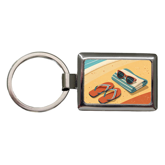 Retro Sunglasses Flip Flops Towel On Sand Beach Ocean Rectangle Metal Keychain