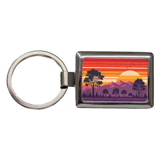 Retro Sunset Stripes Mountains Rectangle Metal Keychain