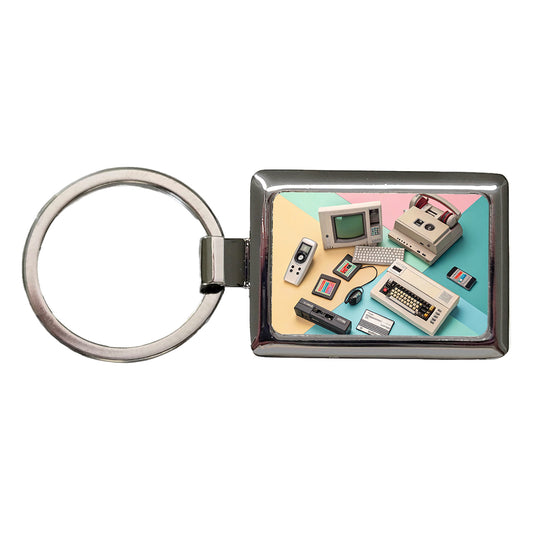 Retro Technology Collage Computer Rectangle Metal Keychain