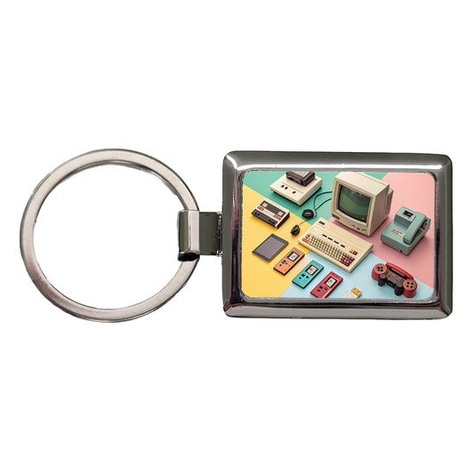 Retro Technology Device Computer Collage Rectangle Metal Keychain