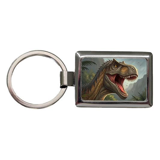 Roaring Allosaurus Dinosaur Mountains Rectangle Metal Keychain