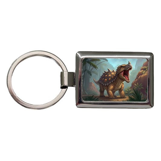 Roaring Ankylosaurus Dinosaur Mountains Rectangle Metal Keychain