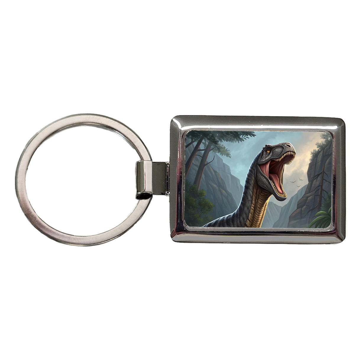 Roaring Argentinosaurus Dinosaur Mountains Rectangle Metal Keychain