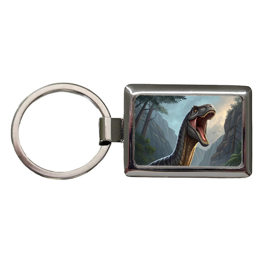 Roaring Argentinosaurus Dinosaur Mountains Rectangle Metal Keychain