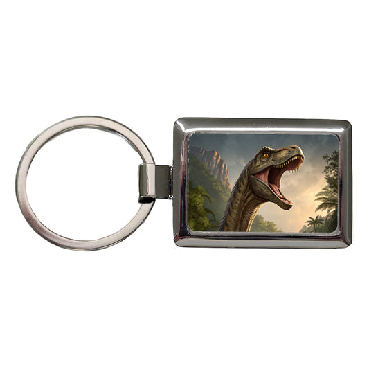 Roaring Brachiosaurus Dinosaur Forest Rectangle Metal Keychain