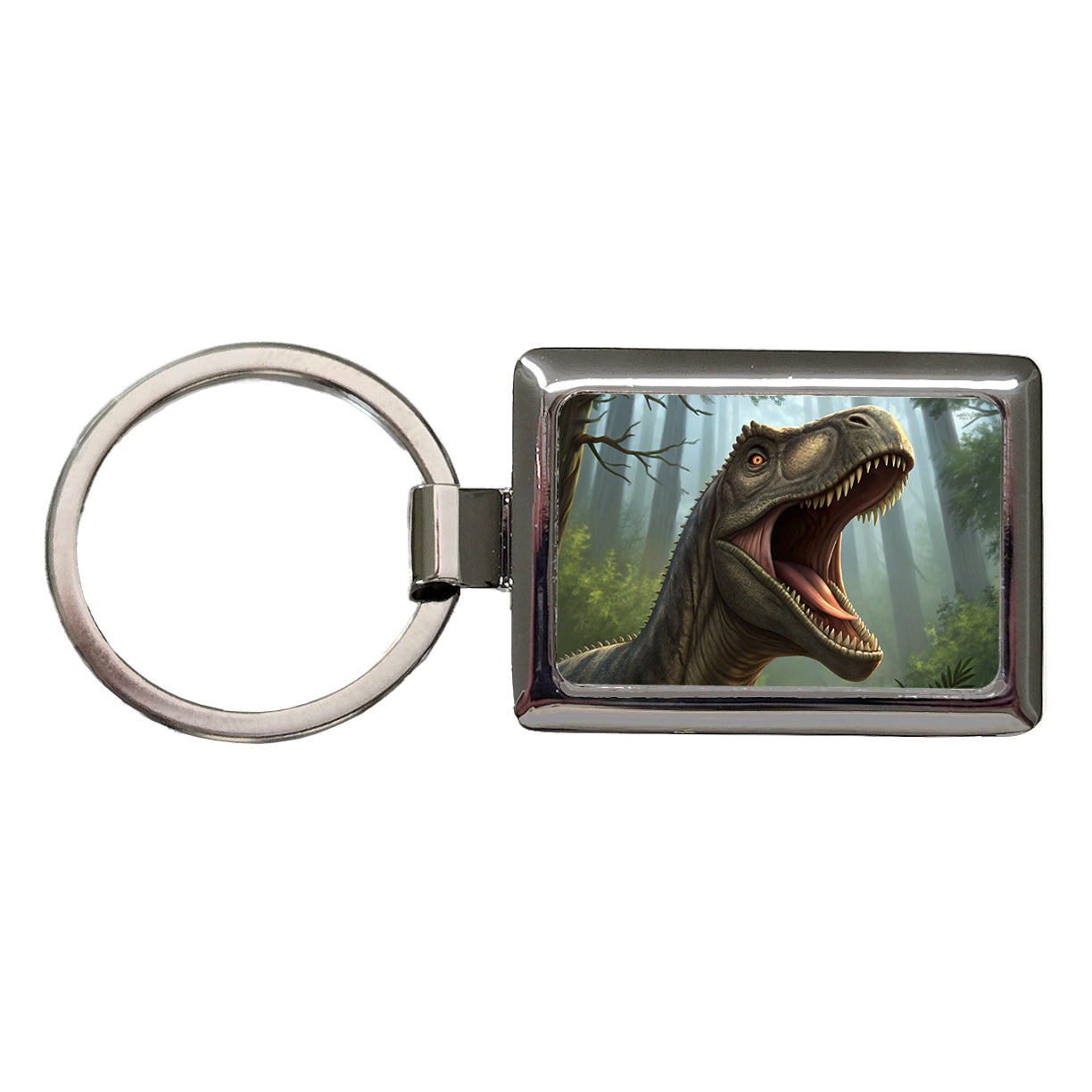 Roaring Brontosaurus Dinosaur Forest Rectangle Metal Keychain