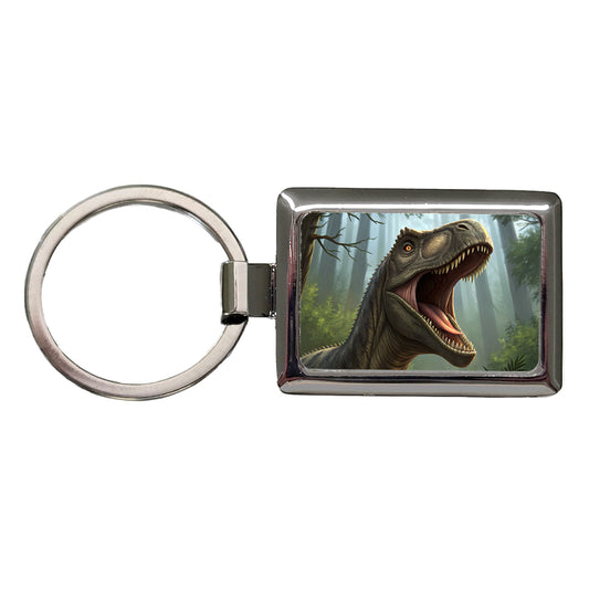 Roaring Brontosaurus Dinosaur Forest Rectangle Metal Keychain