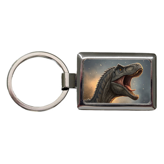 Roaring Brontosaurus Dinosaur Rectangle Metal Keychain