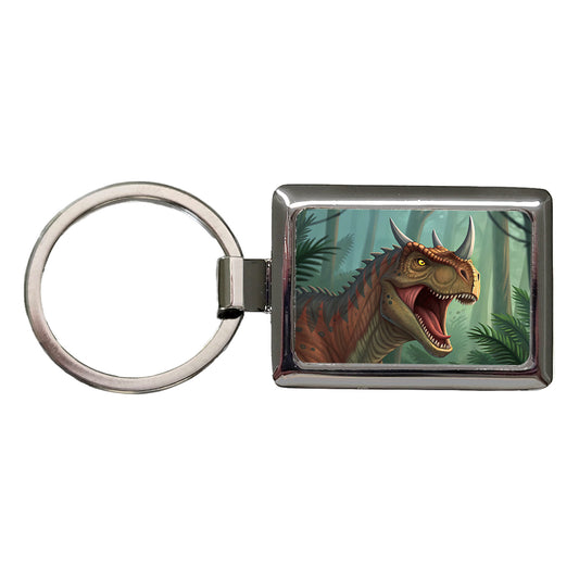 Roaring Carnotaurus Dinosaur Rectangle Metal Keychain