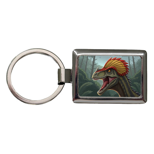 Roaring Dilophosaurus Dinosaur Scary Rectangle Metal Keychain