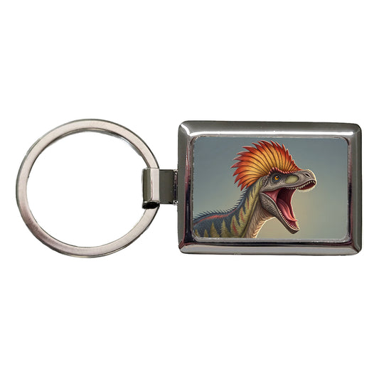 Roaring Dilophosaurus Dinosaur Rectangle Metal Keychain