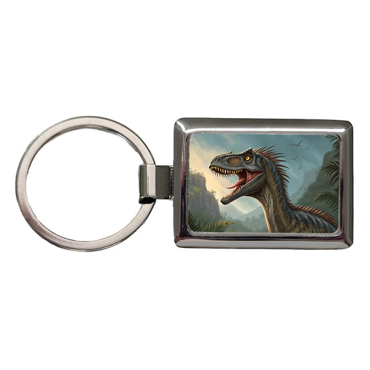Roaring Eoraptor Dinosaur Rectangle Metal Keychain