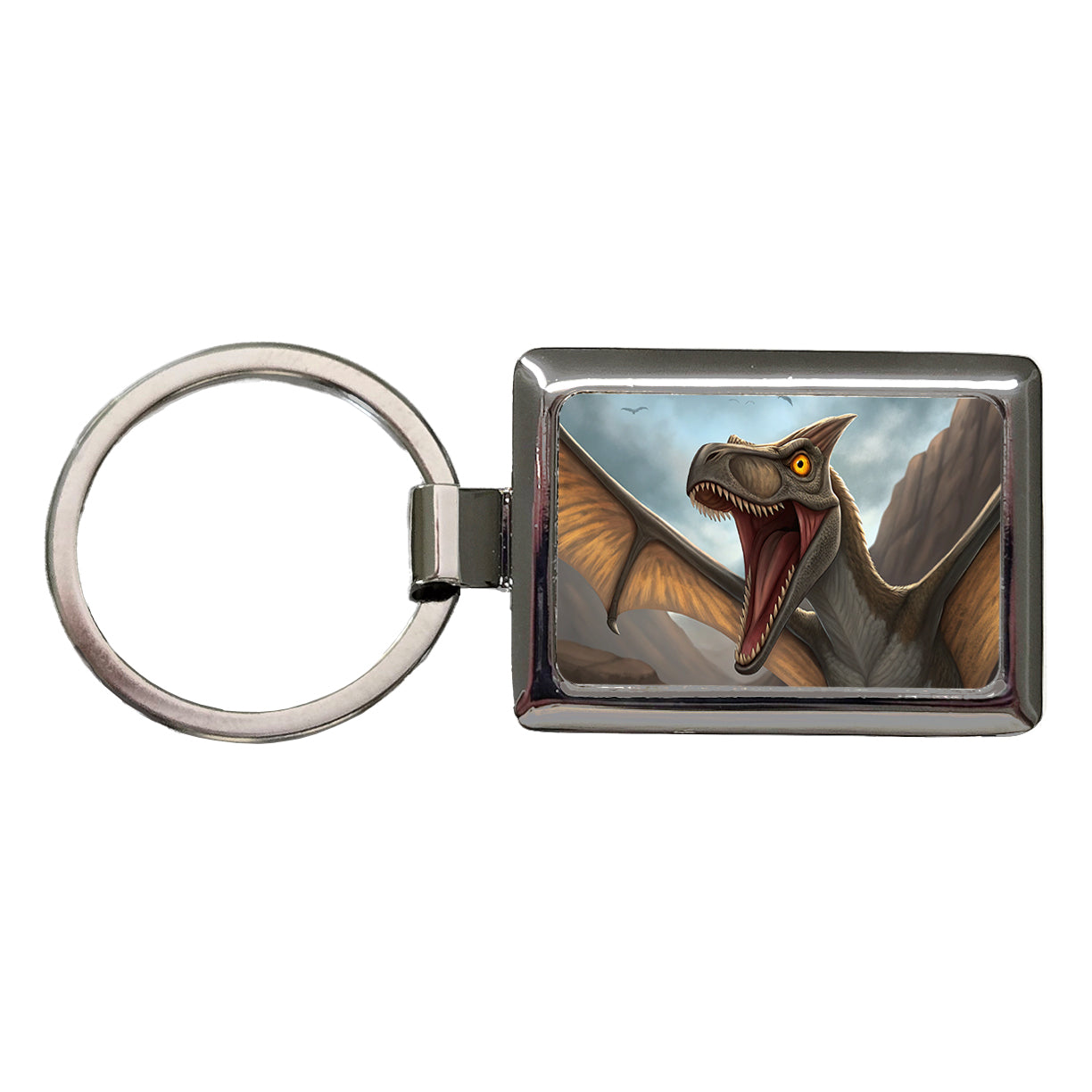 Roaring Pterodactylus Dinosaur Flying Rectangle Metal Keychain