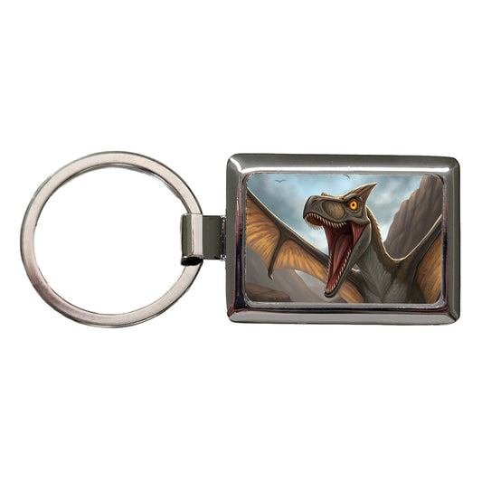 Roaring Pterodactylus Dinosaur Flying Rectangle Metal Keychain