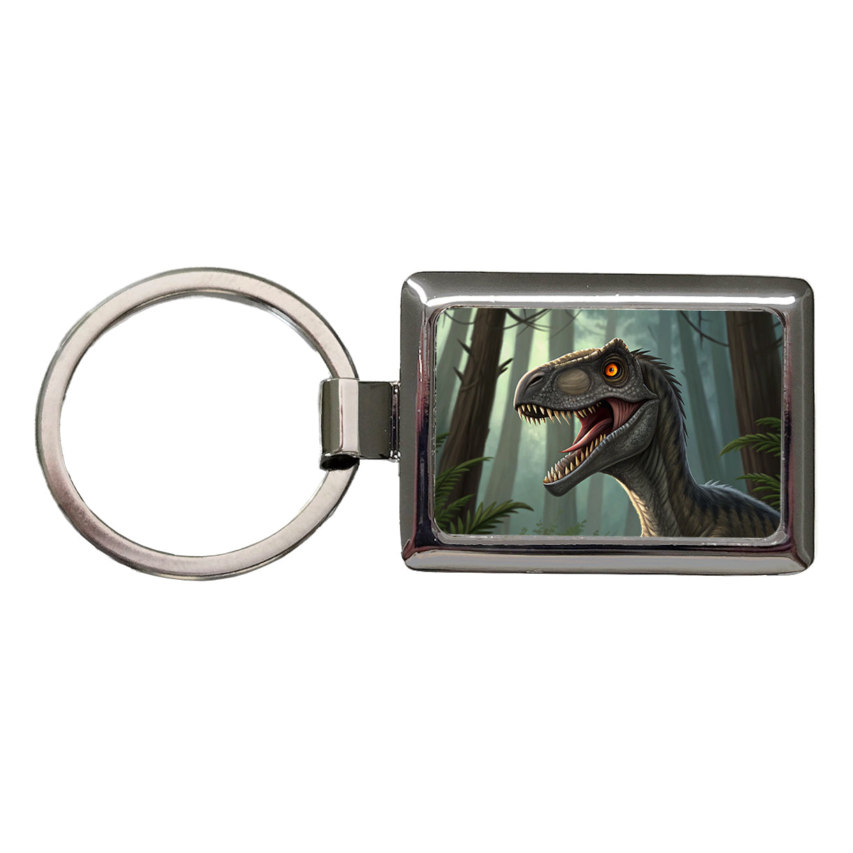 Roaring Raptor Dinosaur Forest Rectangle Metal Keychain