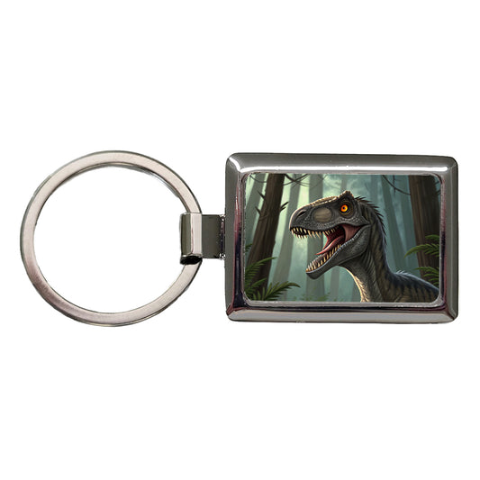 Roaring Raptor Dinosaur Forest Rectangle Metal Keychain