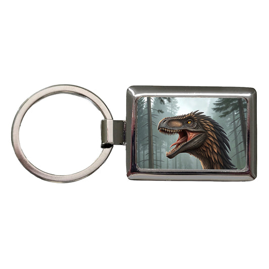 Roaring Raptor Dinosaur Rectangle Metal Keychain