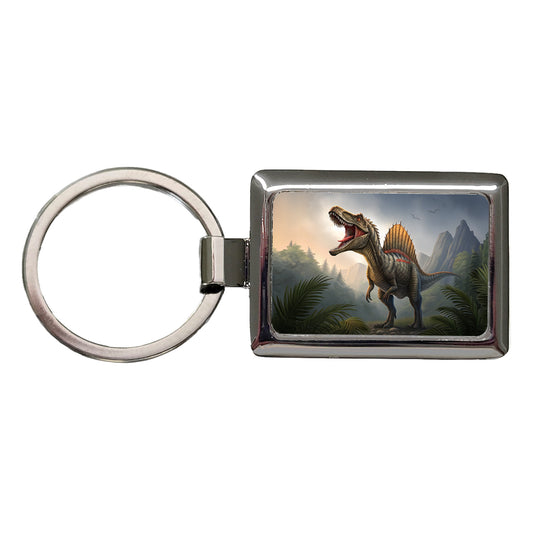 Roaring Spinosaurus Dinosaur Mountains Rectangle Metal Keychain