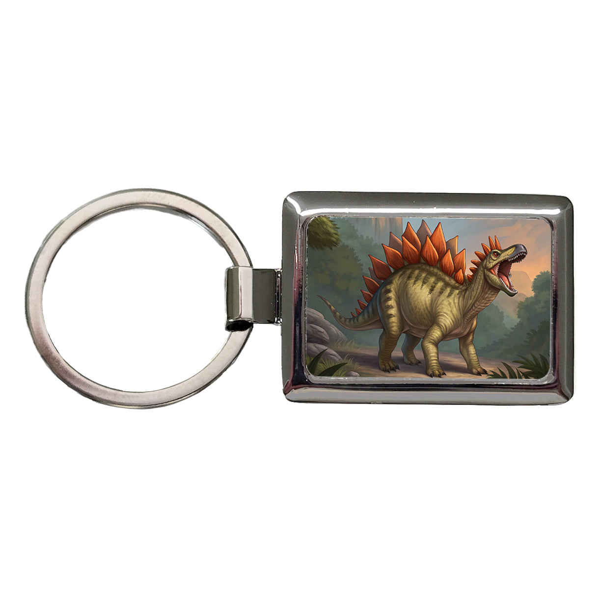 Roaring Stegosaurus Dinosaur Mountain Rectangle Metal Keychain