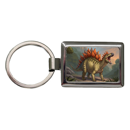 Roaring Stegosaurus Dinosaur Mountain Rectangle Metal Keychain