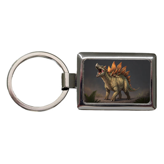 Roaring Stegosaurus Dinosaur Protective Rectangle Metal Keychain