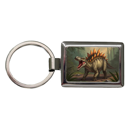 Roaring Stegosaurus Dinosaur Scary Rectangle Metal Keychain