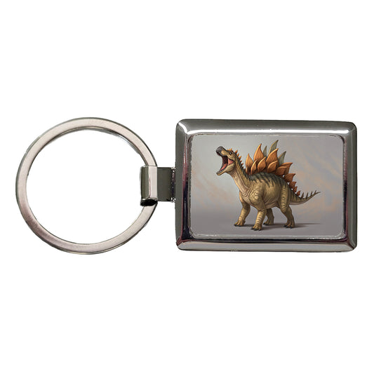 Roaring Stegosaurus Dinosaur Rectangle Metal Keychain