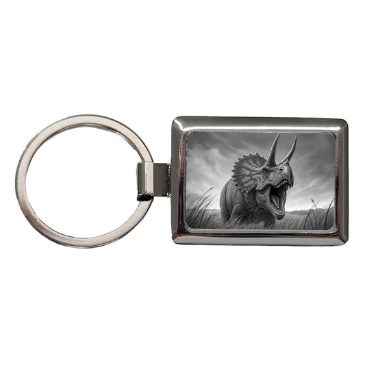 Roaring Triceratops Dinosaur Gray Rectangle Metal Keychain