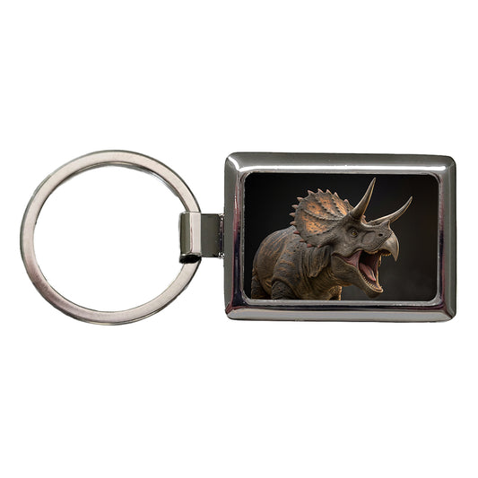 Roaring Triceratops Dinosaur Realistic Rectangle Metal Keychain