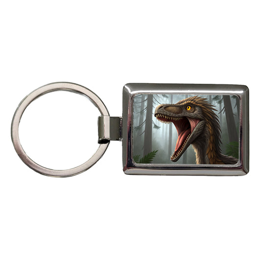 Roaring Troodon Dinosaur Forest Rectangle Metal Keychain