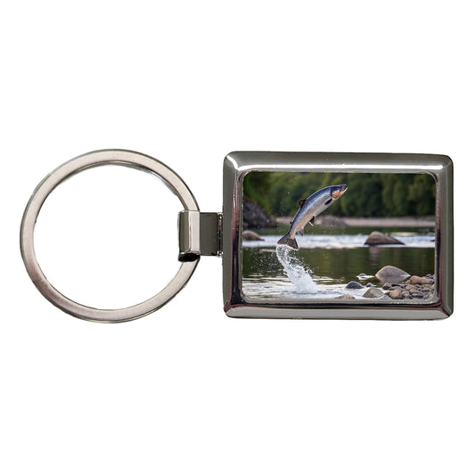 Salmon Fish Jumping Fishing Rectangle Metal Keychain