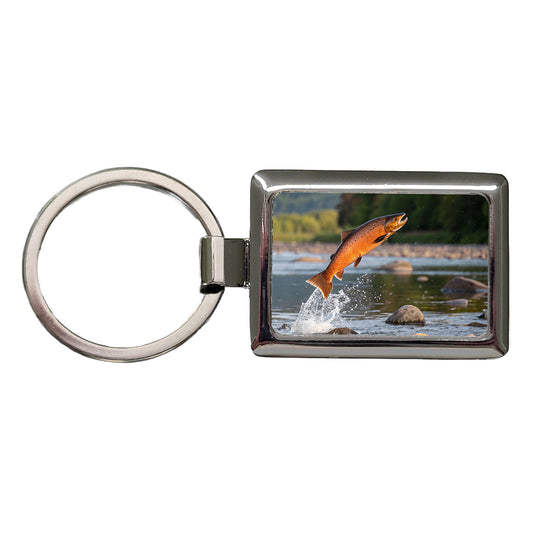 Salmon Fish Jumping River Fishing Rectangle Metal Keychain